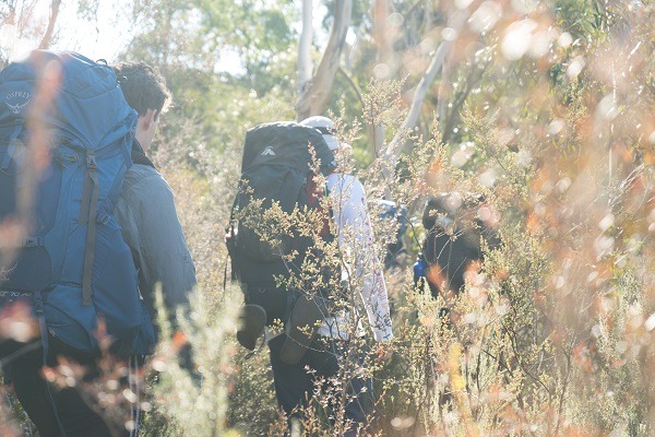 Adults backpacking in Binder Park